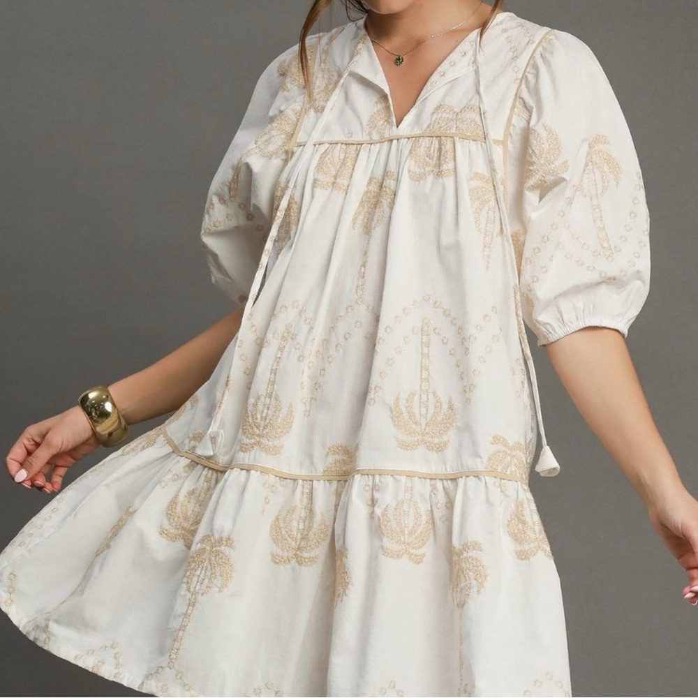 New Umgee Embroidered Puff Sleeve Dress M
